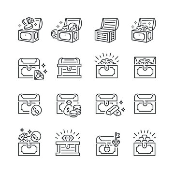 Vector line set of icons related with treasure. Contains monochrome icons like gold, coin, jewellery, treasure, pirate and more. Simple outline sign.