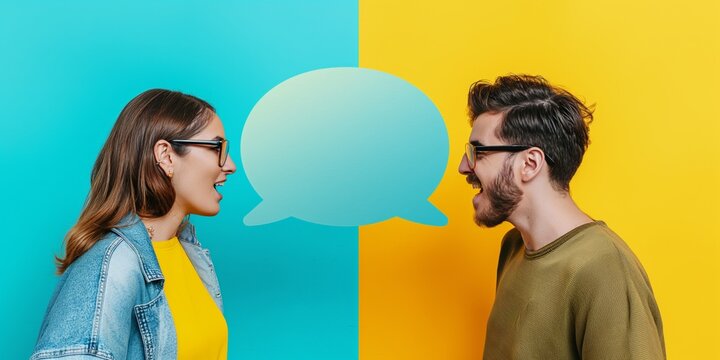 A man and a woman are talking to each other, with a large speech bubble in the middle of the image. The speech bubble is filled with words that say "It's important not just write what is on image