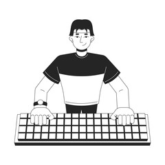 Asian male cyberathlete gamer typing keyboard black and white 2D line cartoon character. Korean cybersportsman isolated vector outline person. Video game esports monochromatic spot illustration