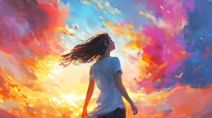 Woman Facing the Sunset in a Colorful Sky