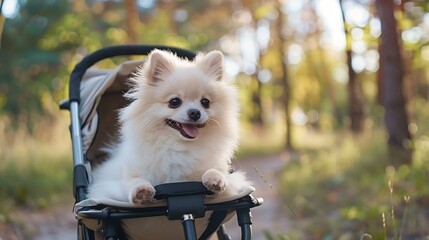 White Pomeranian Dog Sitting in a Stroller in a Forest