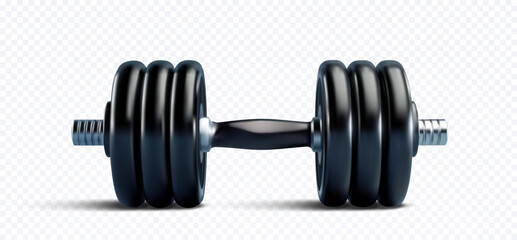 Realistic 3D vector illustration of a black dumbbell, symbolizing strength, fitness, and weightlifting. Isolated on a transparent background, ideal for sports, gym, and workout-related designs