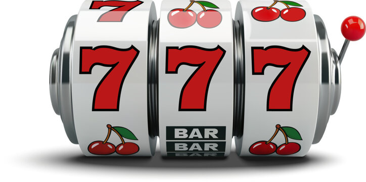 Realistic 3D vector illustration of a slot machine showing a winning combination of three sevens, symbolizing luck, gambling, and casino entertainment. Isolated on a transparent background