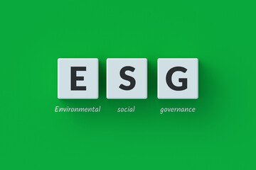 ESG inscription on cubes. Environmental social governance. Eco-friendly concept. Innovation green technology. Development of renewable energy sources. 3d render