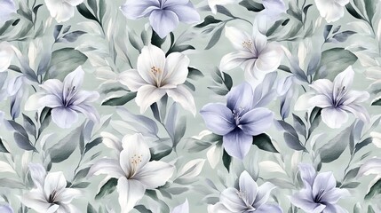 Obraz premium This artwork features a floral design with white lilies and purple hibiscus complemented by lush green foliage, perfect for wallpaper or elegant decor accents SEAMLESS PATTERN