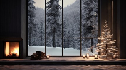 Cozy living room with modern fireplace and panoramic window with great view on the snowy forest. Neural network ai generated art