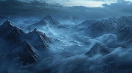 Obraz premium A high-angle shot of snowy mountains covered with clouds during a dark evening , ai