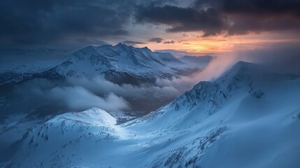 Obraz premium A high-angle shot of snowy mountains covered with clouds during a dark evening , ai