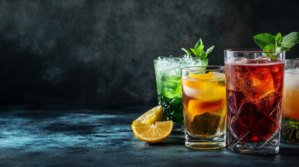 An assortment of cocktails served against a dark background, showcasing a variety of classic drinks. The presentation highlights the vibrant colors and elegant garnishes of each cocktail, with ample.