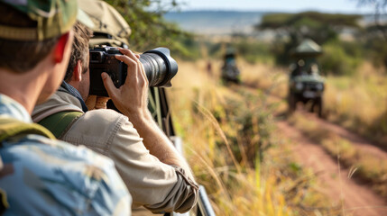 Safari adventure in Africa with tourists photographing wildlife in their natural habitat, highlighting exotic travel
