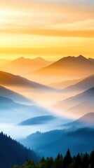 Obraz premium A mountain range at dawn, with mist rising from the valleys and the first light hitting the peaks