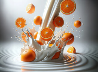 A splash of milk and orange juice with a few oranges floating in the middle. Concept of freshness and vitality, as the orange juice and milk mix together to create a delicious and healthy drink