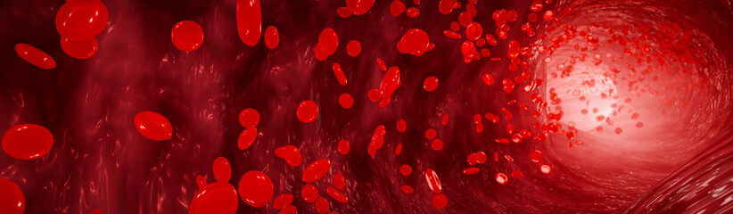 Red blood cells in an artery or blood vessel , flow inside body, medical human health-care. 3D Rendering.Blood cells in motion within an artery, showcasing scientific research, cardiovascular health