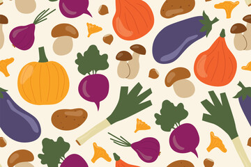 seamless autumn vegetable and mushroom pattern: chanterelles, boletus, pumpkin, leek, red onion, potato, hazelnut, beetroot- vector illustration