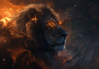 Naklejka premium A majestic lion's head emerges from cosmic clouds, symbolizing strength and the universe.