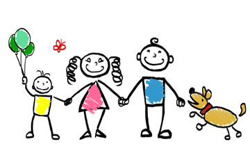 Family on picnic with a dog. Children's drawing on paper with colored pencils.