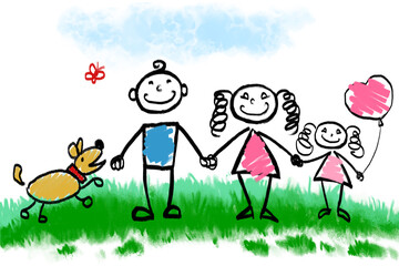Family on picnic with a dog on a green lawn children's drawing doodle.