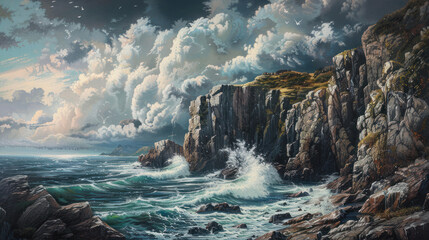 Rocky coastline with dramatic cliffs and crashing waves under a cloudy sky
