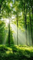 A lush forest with sunlight filtering through the trees, creating a peaceful and serene environment