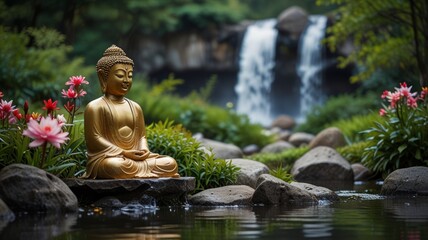 A bronze Buddha statue in pose for meditation in a Japanese garden among blooming greenery on a background of waterfall