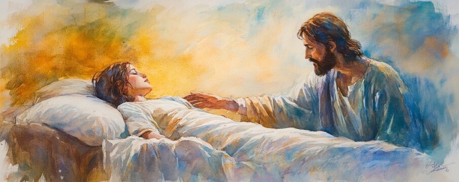 Jesus raising Jairus' daughter, tender watercolor scene with soft pastels, Jesus miracle, restoration of life