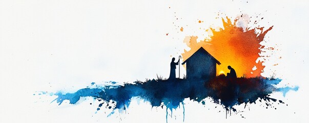 Watercolor depiction of the Nativity scene, a peaceful night with divine light, Jesus, Christianity, Spirituality, watercolor