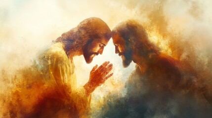 Healing touch of Jesus on a blind man, delicate watercolor style with warm light, Jesus healing miracle, compassionate and divine intervention