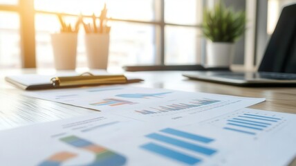 Office desk with charts, graphs, and financial reports, investment growth, business success