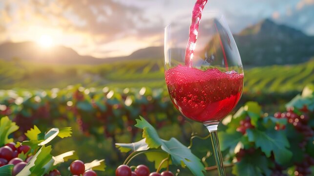 Red Wine Pouring into a Glass Against a Vineyard Background at Sunset - Powered by Adobe