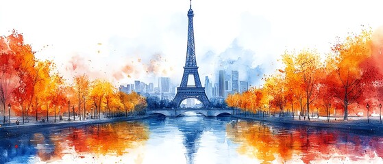 Watercolor painting of the Eiffel Tower in Paris, France, iconic and romantic, white background
