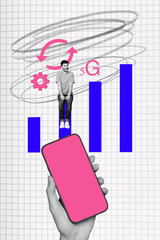 Vertical collage image young man sit wifi internet connection signal 5g roaming smartphone digital device touchscreen virtual access