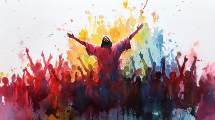 Jesus' triumphant entry into Jerusalem, vibrant watercolor with joyful crowds, Jesus entry, celebration and prophecy fulfillment