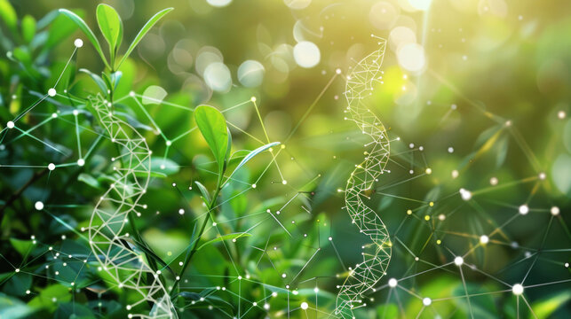 Plants with a biochemistry structure overlay, DNA helix visible, on a green background, merging biology and chemistry