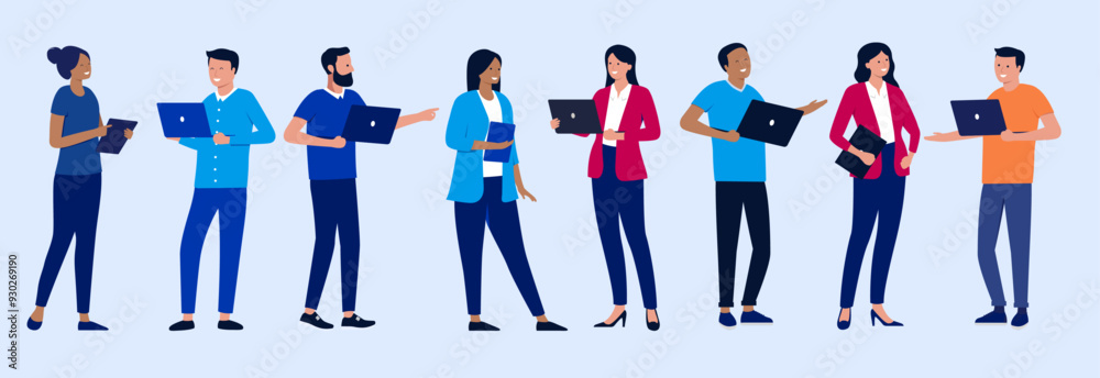 Fototapete people with laptop computers vector collection - set of businesspeople characters standing holding d