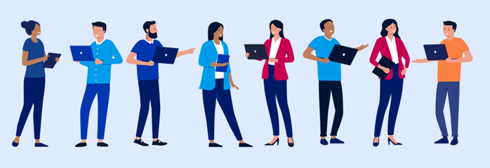 People with laptop computers vector collection - Set of businesspeople characters standing holding devices, smiling and talking. Simple side view flat design illustrations on blue background