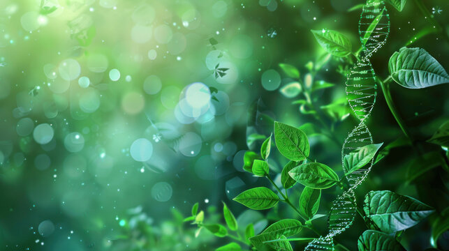 Plants with a biochemistry structure overlay, DNA helix visible, on a green background, merging biology and chemistry