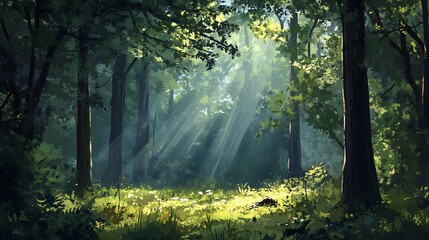 Obraz premium Sunbeams Through the Forest