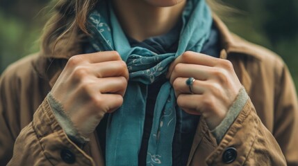 A woman adjusts a teal scarf around her neck, dressed in a cozy brown jacket, amidst a natural setting under soft morning light.