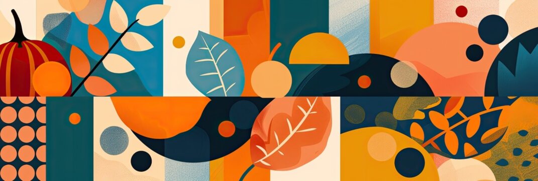 A Thanksgiving banner that uses geometric shapes and patterns to create a modern artistic interpretation of classic fall themes