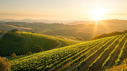 Picturesque landscape of a vineyard on rolling hills, with rows of grapevines under a clear sky