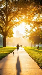 Fototapeta premium A hyper-lapse of a city park with people jogging, walking dogs, and enjoying the outdoors, as the light changes from morning to evening, capturing the rhythm of daily life