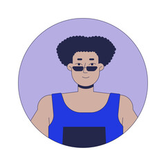 Sunglasses hispanic man with athletic body 2D linear vector avatar illustration. Latin american male cartoon character face portrait. Casual sportswear flat color user profile image isolated
