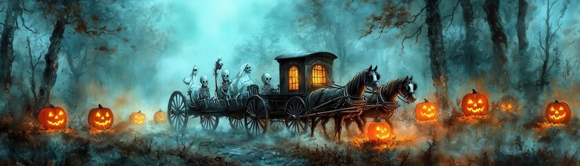 Fototapeta premium A ghostly carriage drawn by skeleton horses rides through a foggy, haunted forest with glowing jack-o'-lanterns lighting the path, watercolor style