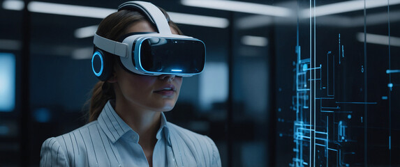A businesswoman uses VR glasses for a virtual reality AI experience while working on a project and attending a business conference in a futuristic office.
