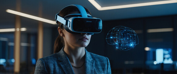 A Smiling businesswoman uses VR glasses for a virtual reality AI experience while working on a project and attending a business conference in a futuristic office.