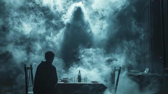 Person at a s&eacute;ance with ghostly figure in smoke.