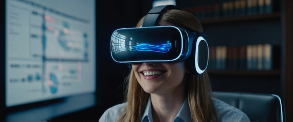 A Smiling businesswoman uses VR glasses for a virtual reality AI experience while working on a project and attending a business conference in a futuristic office.
