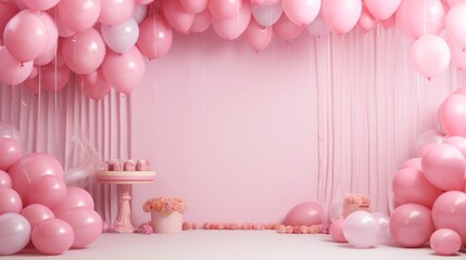 Pink interior with helium baloons and pastel colors. Neural network ai generated art