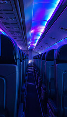 Fototapeta premium An airplane interior with rows of blue seats and overhead compartments, illuminated by blue and purple lighting