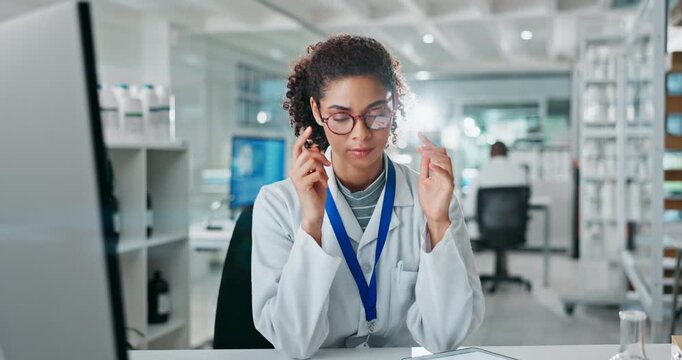 Scientist, glasses and woman with stress headache for internet error, eye strain and tablet in lab. Science person, eyewear and migraine for burnout fatigue, biotechnology problem and software fail